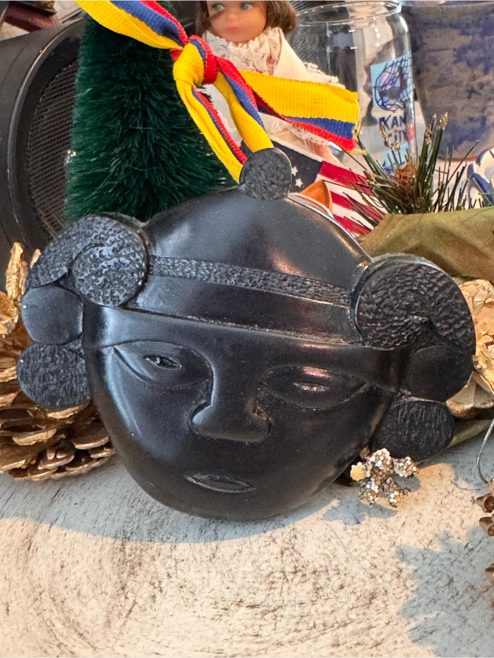 Vintage Hand Carved Mineral Coal Mask Sculpture - Colombia Folk Art